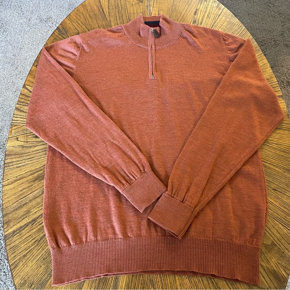 Tom James Men's Rust Colored 1/4 Zip 100% Merino Wool Sweater Made in Italy